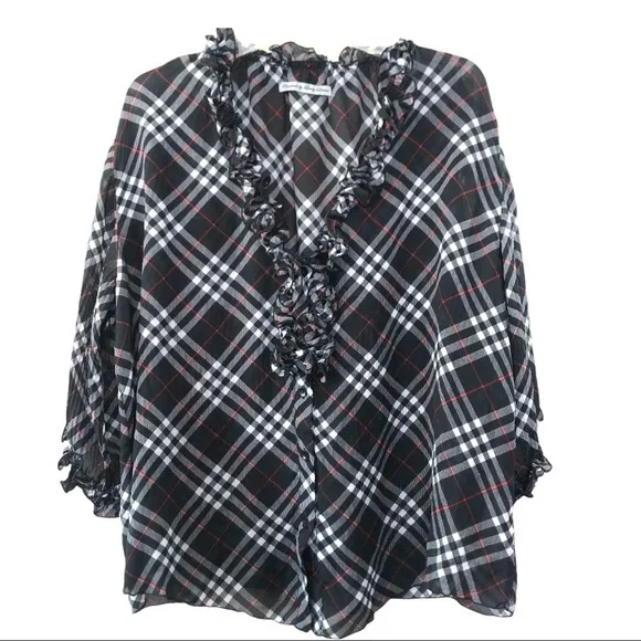Signature by Larry Levine Black, Red & White Plaid - Ruffles at neckline Size L - Picture 1 of 10